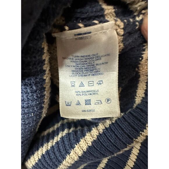 Land's End Oversized Striped Cable Knit Cotton Sweater SZ M Blue/Tan Scoop Neck - Picture 3 of 4